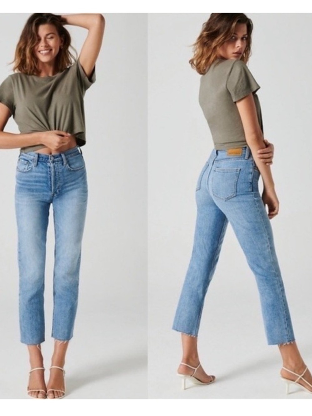 Aritzia Denim Forum The Arlo High Rise Straight Raw Hem Light Medium Wash 27